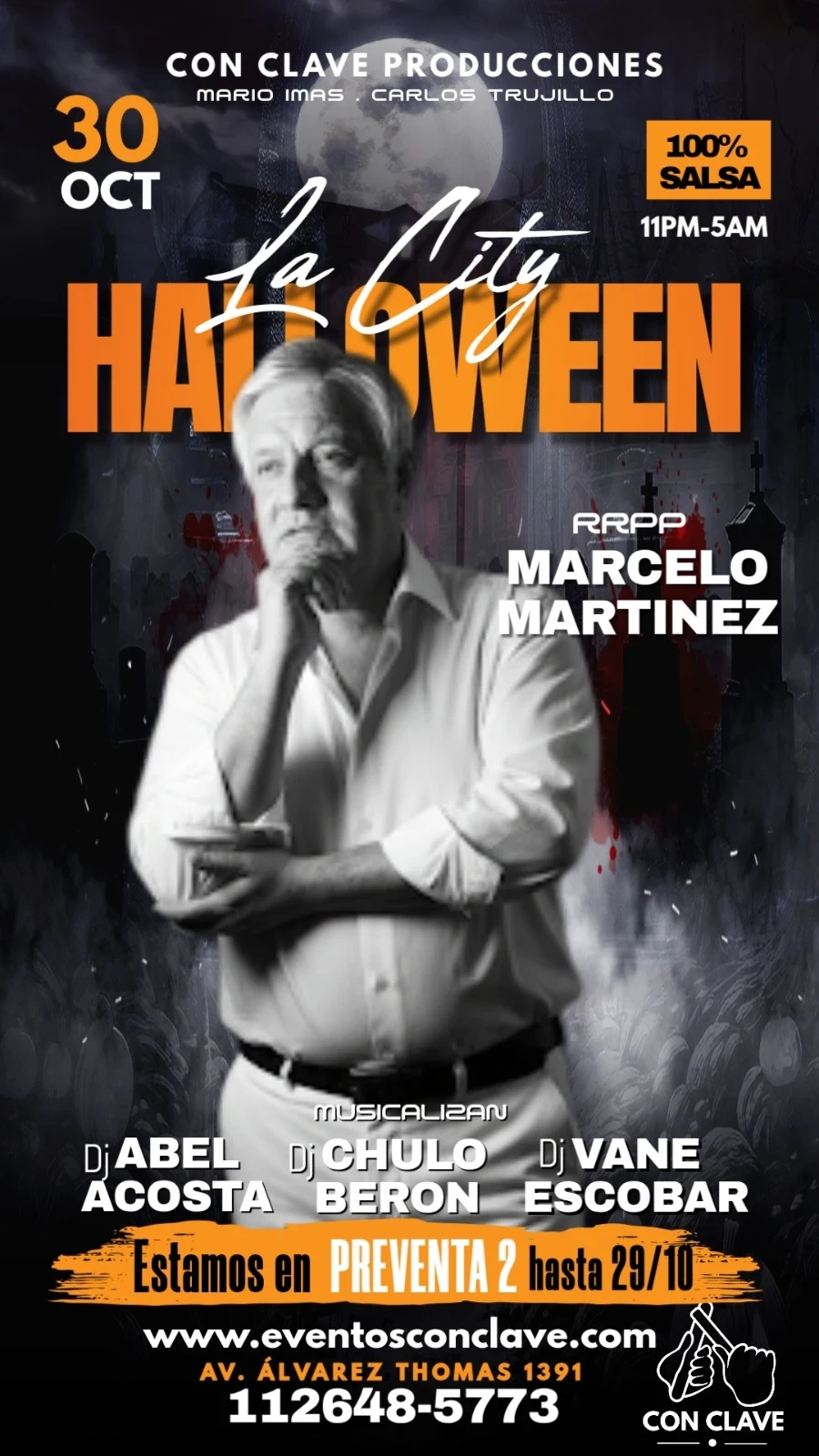 Flyer de La City Halloween: 30 de octubre, 100% salsa, con Marcelo Martínez como RRPP